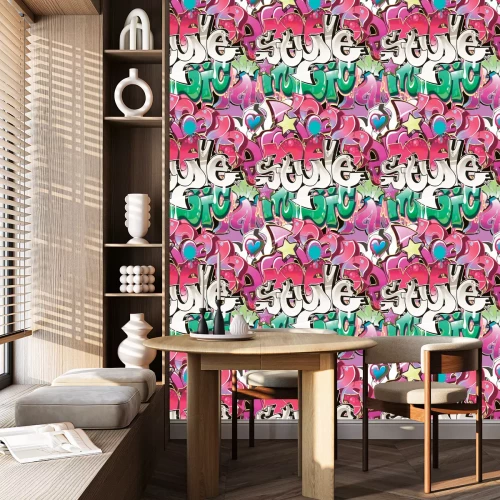 Behang Kleurrijke graffiti-opschriften in bubbelstijl.