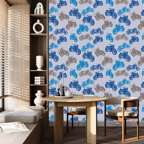 Behang Blauwe en grijze retro motorfietsen