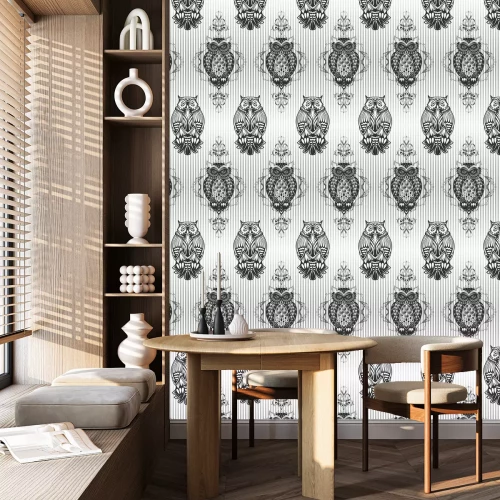 Behang Zwart-wit patroon met een decoratieve uil.