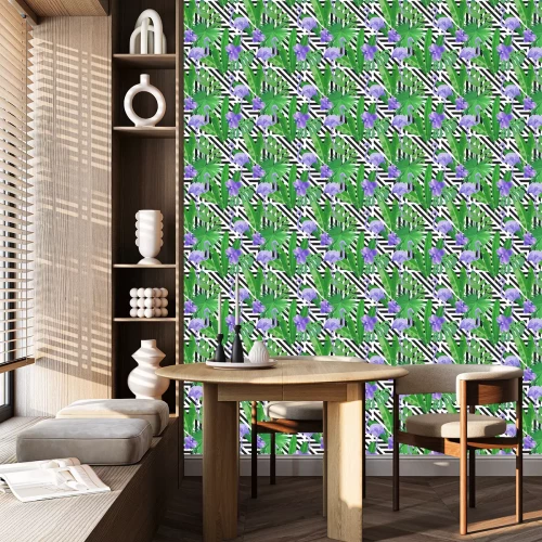 Behang Monstera-bladeren met paarse flamingo's