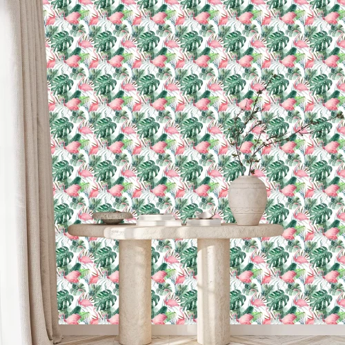 Behang Flamingo tussen tropische bladeren