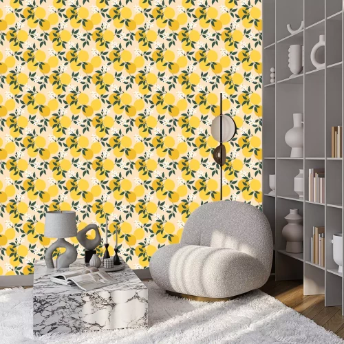 Behang Zomerpatroon met gele citroenen
