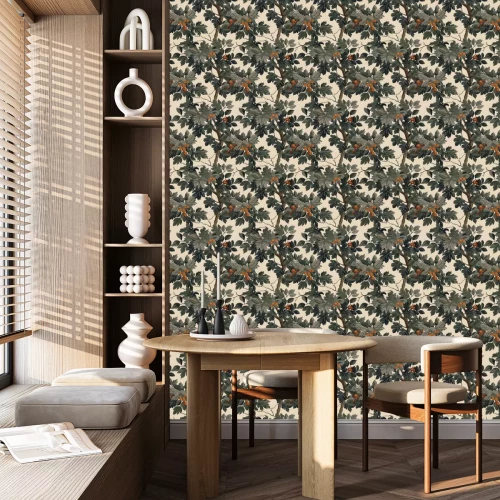 Behang Bladeren met rode vruchten aan de boom