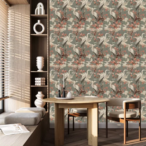 Behang Een compositie van kraanvogels en roze bloemen