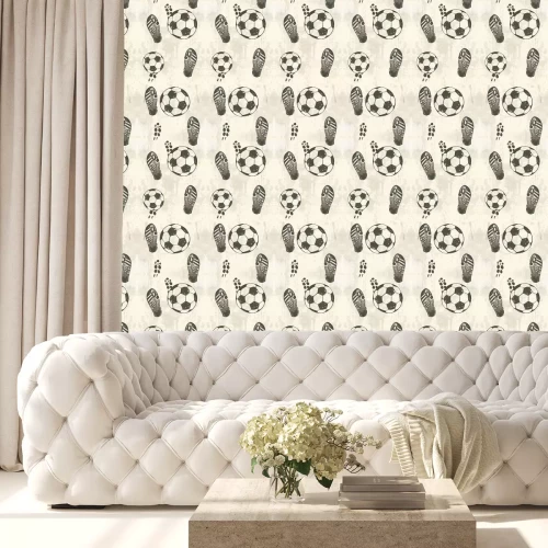 Behang Sportief patroon met ballen en afdrukken van noppen.