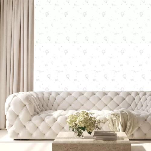 Behang Een compositie van ballonnen en vliegtuigen in de lucht.