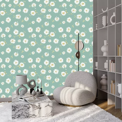 Behang Witte madeliefjes en blaadjes