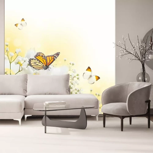 Fotobehang Wit orchideeënplanten en vlinders