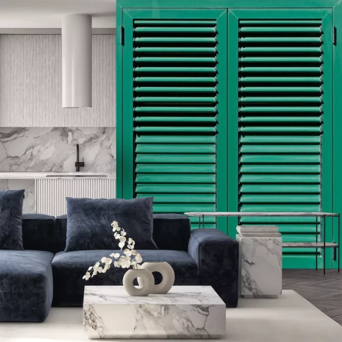 Fotobehang Venster met groene luiken, Close-up beeld