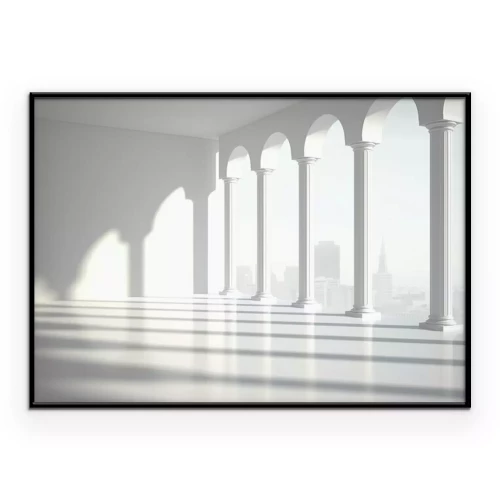 Poster Interieur met zuilen in het zonlicht.