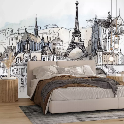 Fotobehang Schets van de Eiffeltoren omringd door gebouwen