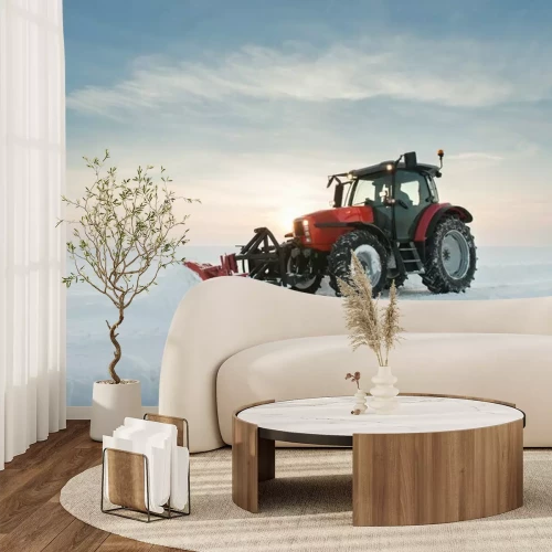 Fotobehang Een tractor met een sneeuwruimer