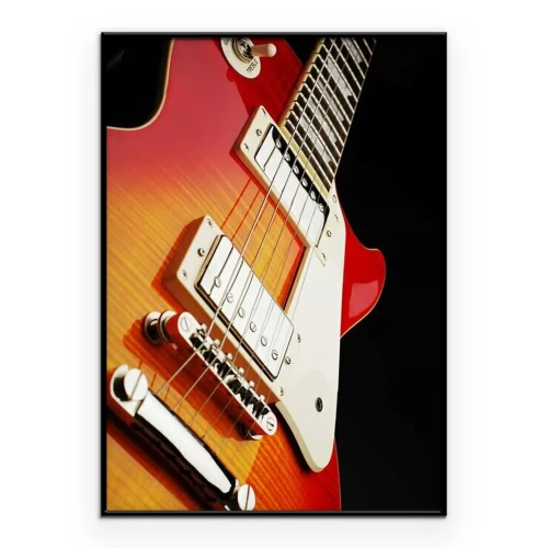 Poster Een elektrische gitaar afgebeeld tegen een zwarte achtergrond.