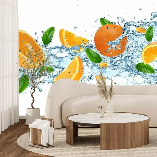 Fotobehang Fruit in water met muntblaadjes