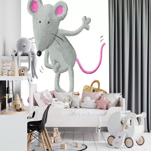 Sticker Een dansende grijze muis met een paarse hoed