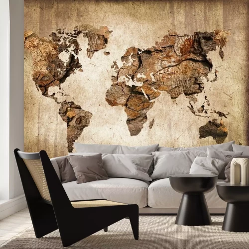 Fotobehang Wereldkaart met houten structuur op een verouderde achtergrond