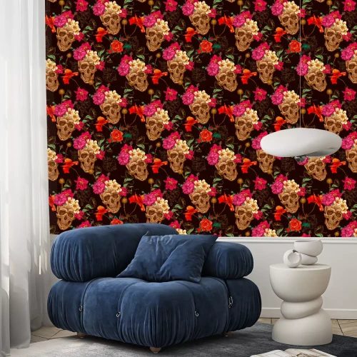 Behang Schedel en Bloemen Naadloze Achtergrond