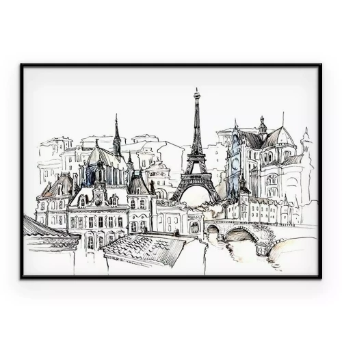 Poster De gebouwen van Parijs en de Eiffeltoren in cartoonstijl.