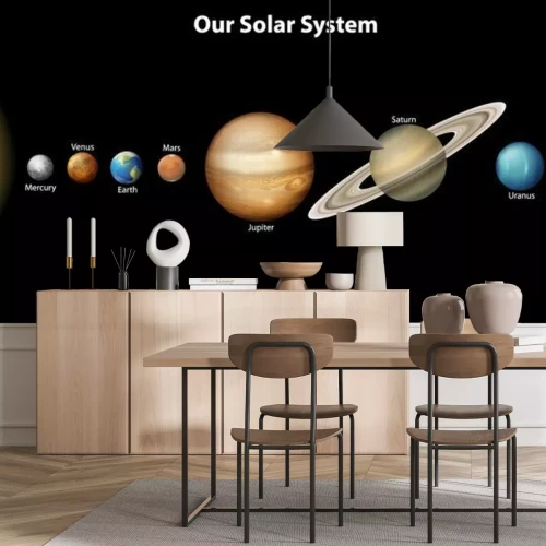 Fotobehang Zonnestelsel op een zwarte achtergrond met Engelse ondertiteling