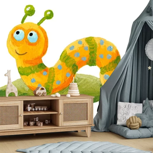 Sticker Gele rups op een blad kinderillustratie