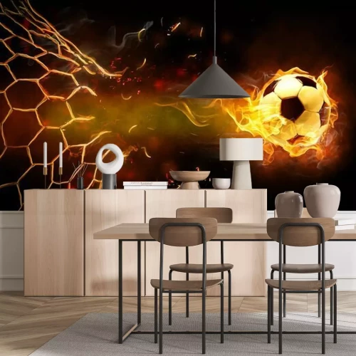 Fotobehang brandende bal in het doel