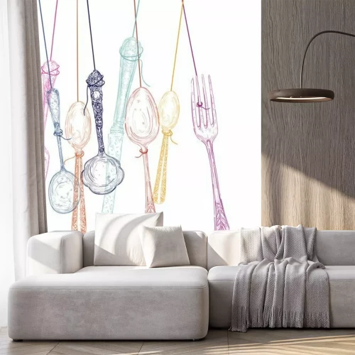 Fotobehang Pastel bestek hangend aan touwtjes