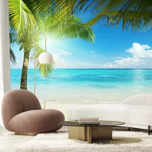 Fotobehang Palmbomen, zand en zee