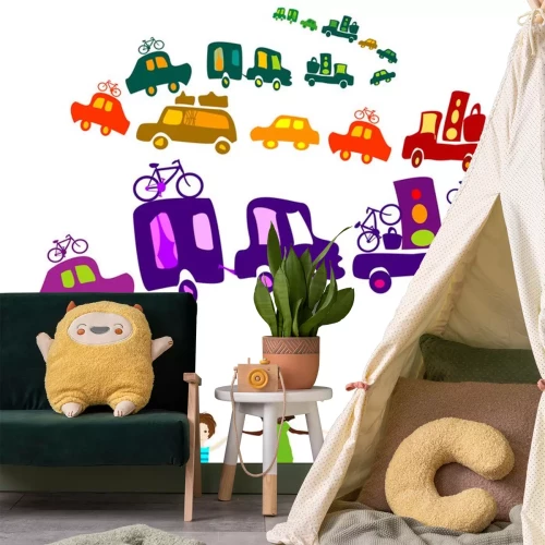 Sticker Kinderen op de achtergrond van een kleurrijke rij auto's