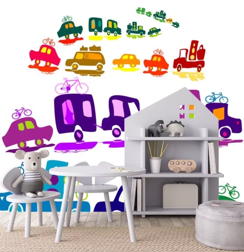 Sticker Kleurrijke rij auto's die op vakantie gaan