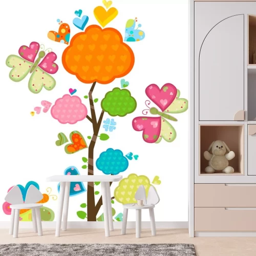 Sticker Vlinders en een boom met kleurrijke hartjes