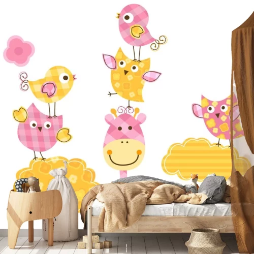 Sticker Wolken en giraffen in geel-roze afbeeldingen