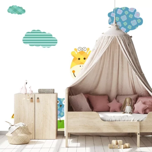 Sticker Giraffe en drie vogels veelkleurige illustratie