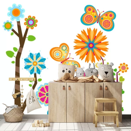 Sticker Veelkleurige afbeeldingen van bloemen, vlinders en bomen