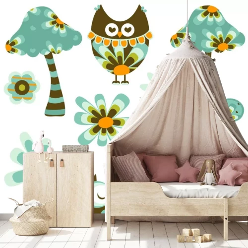 Sticker Bruine en blauwe uilpaddestoelen en bloemen