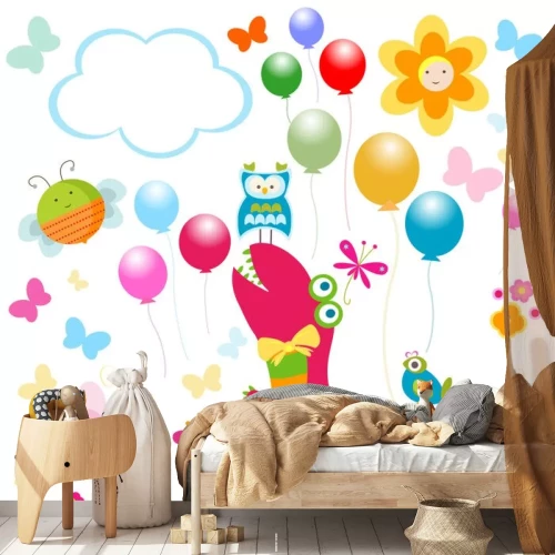 Sticker Dinosaurus in een regenboog-vrolijke omgeving