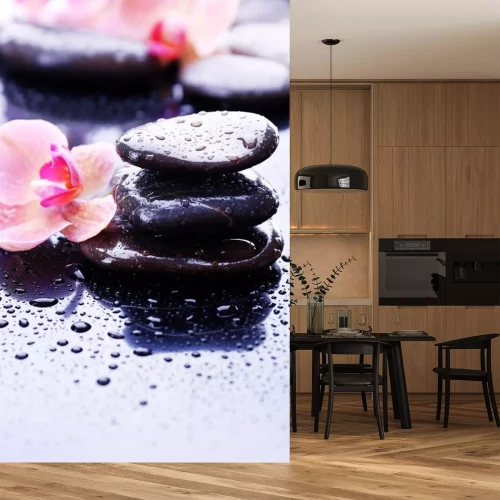 Sticker Compositie met mooie bloeiende orchidee met water druppels en