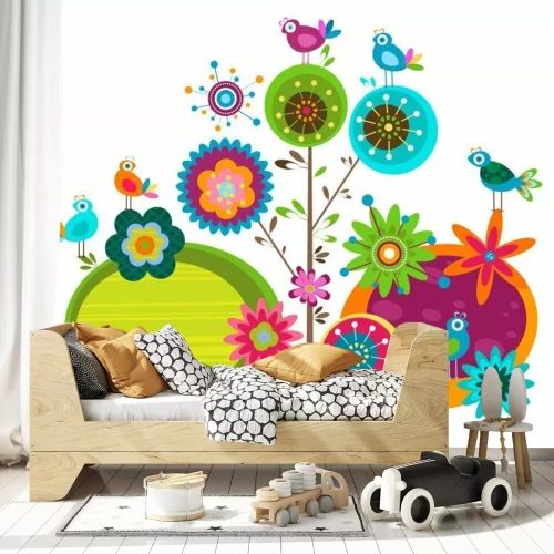 Sticker Een regenboogbloem omringd door kleurrijke vogels