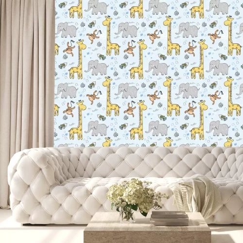 Behang Safaridieren op een blauwe achtergrond met palmbomen