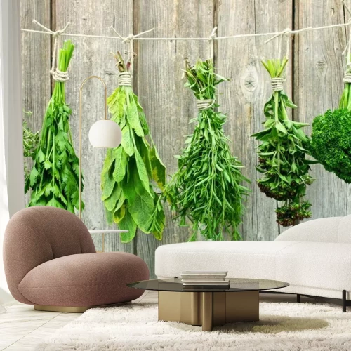 Fotobehang Diverse kruiden hangen aan een touwtje te drogen.