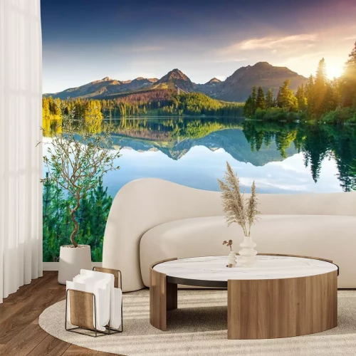 Fotobehang Bergen en bossen weerspiegeld in het meer