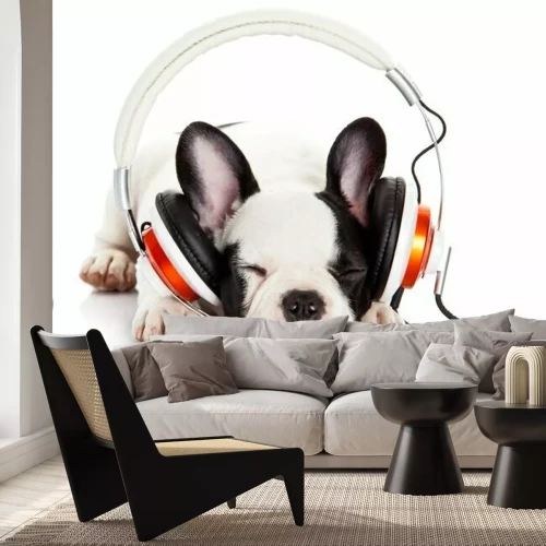 Sticker Hond luisteren naar muziek met een koptelefoon geïsoleerd op witte backgro