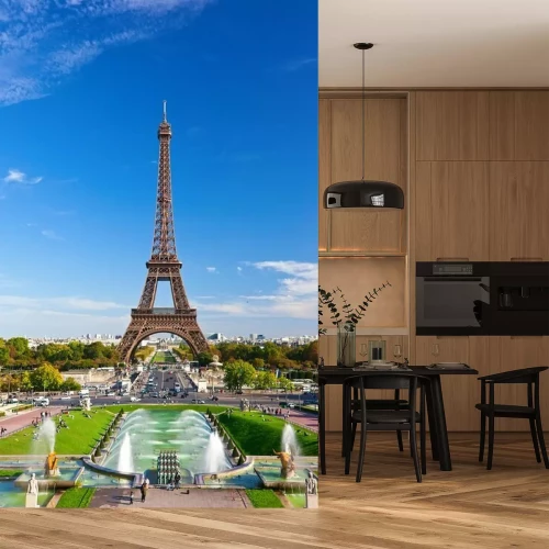 Fotobehang Zonnig uitzicht op de Eiffeltoren in Parijs