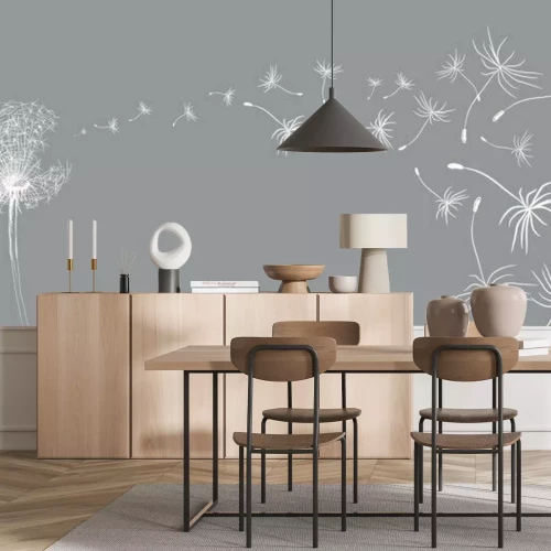 Fotobehang Een schets van een paardenbloem met wegvliegende zaden