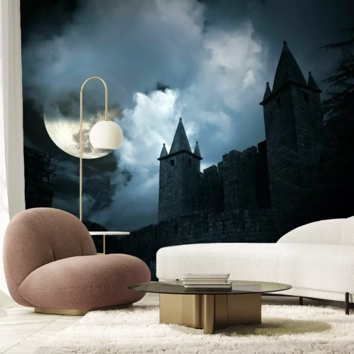 Fotobehang Mysterieus kasteel en de maan 's nachts