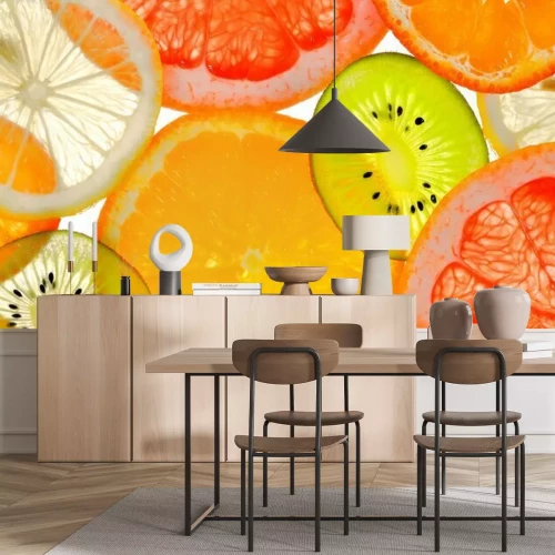 Fotobehang Close-up van plakjes gesneden fruit