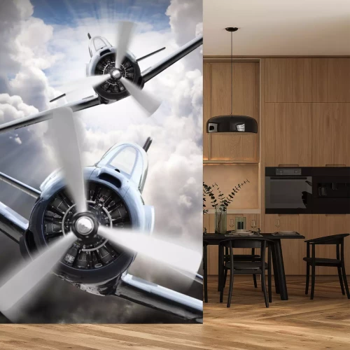 Fotobehang Retro vliegtuigen in beweging in de lucht