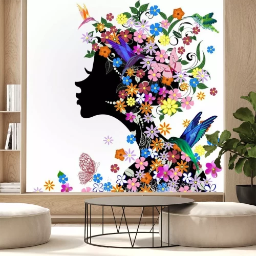 Fotobehang Bloemen kapsel, meisje en vlinder vogel