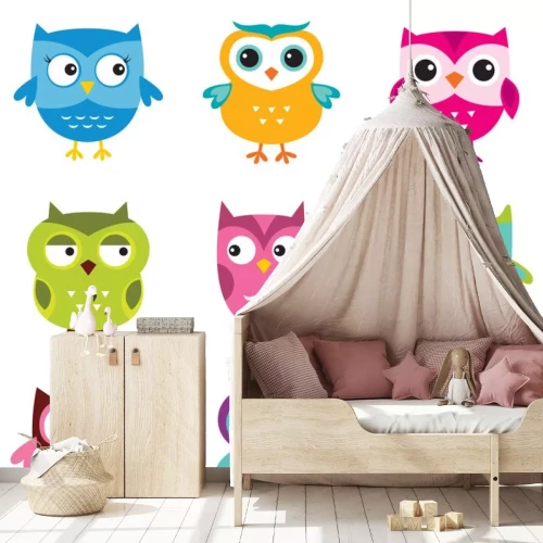 Sticker Negen verschillend gekleurde uilen