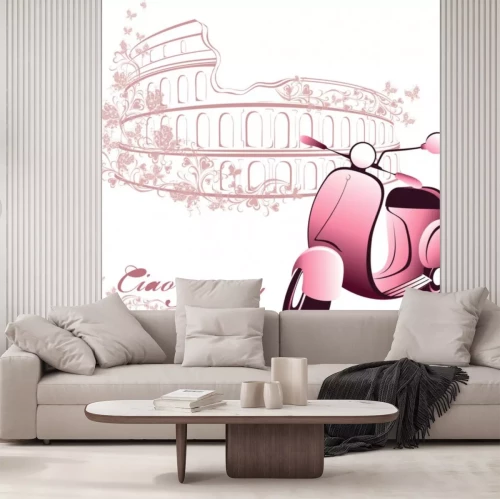 Sticker Retro kaart reizen naar Italië. Vintage scooter en het Colosseum in Rome