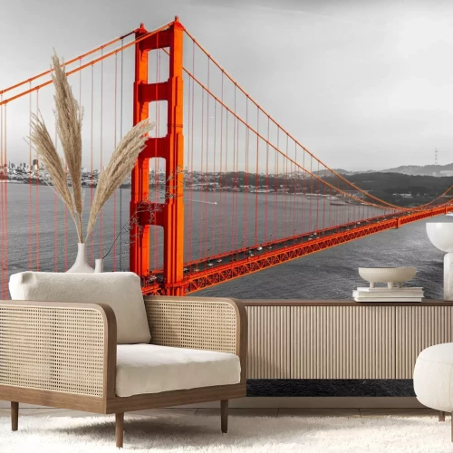 Fotobehang Rode Golden Gate Bridge op een zwart-witte achtergrond